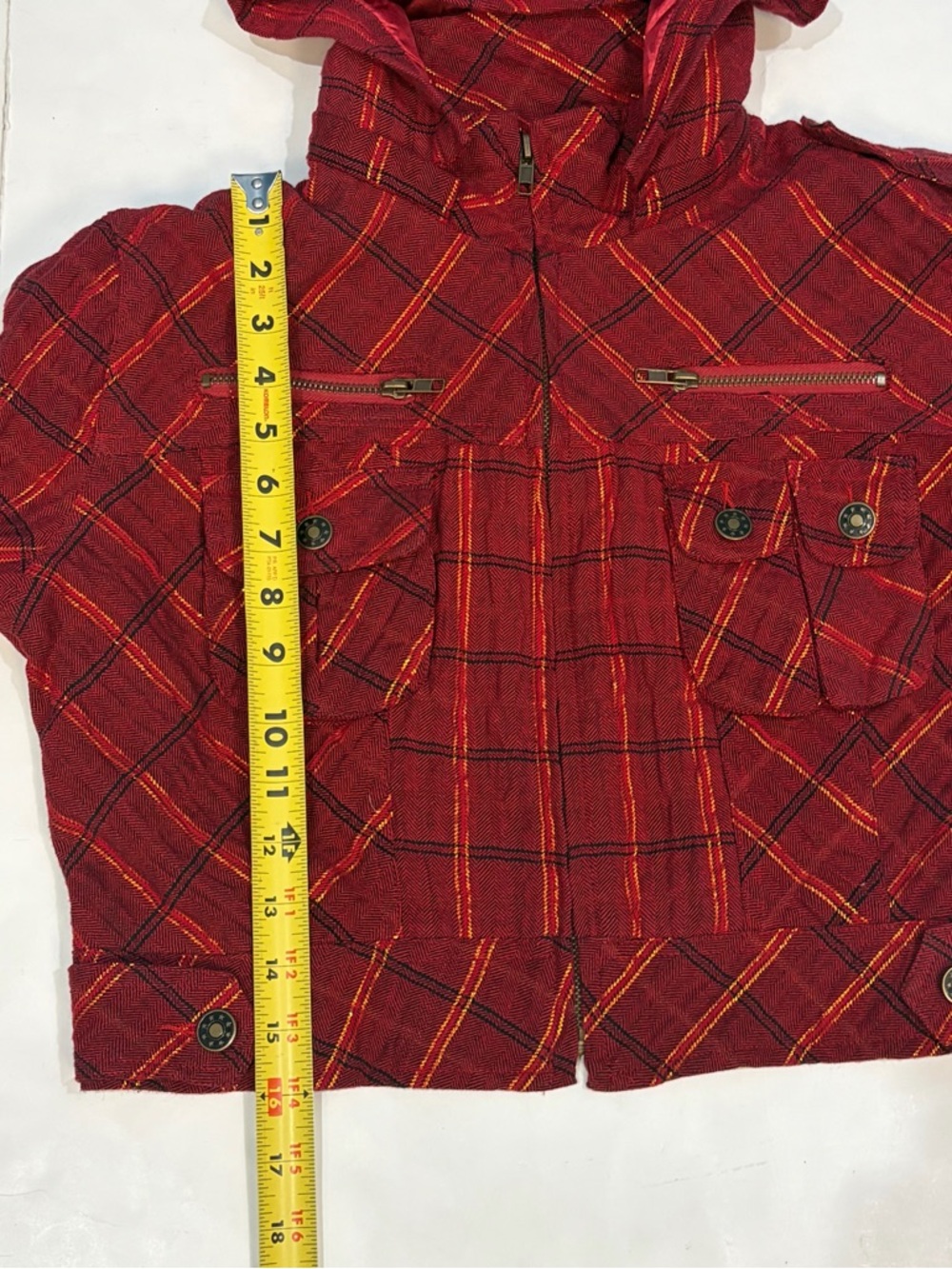 Feline Red Gold Plaid Cropped Full Zip Jacket Detachable Hood Junior Size Large - Picture 16 of 16